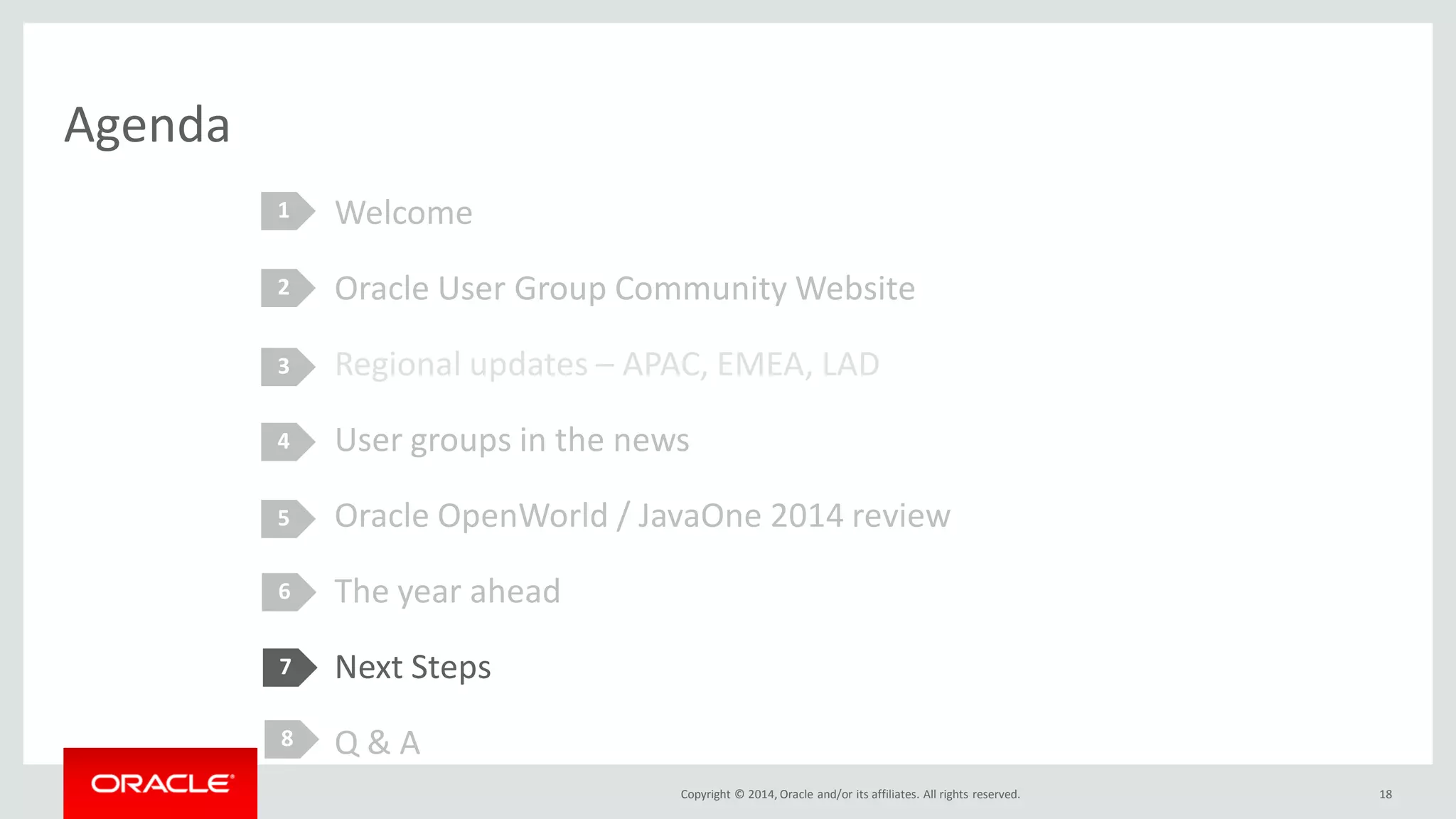 Copyright © 2014, Oracle and/or its affiliates. All rights reserved.
Agenda
Welcome
Oracle User Group Community Website
Regional updates – APAC, EMEA, LAD
User groups in the news
Oracle OpenWorld / JavaOne 2014 review
The year ahead
Next Steps
Q & A
1
2
3
4
5
18
6
7
8
 