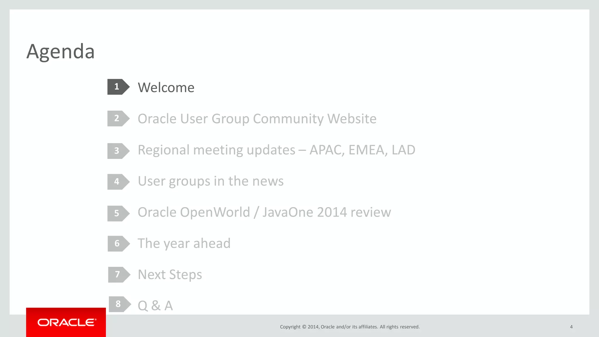 Copyright © 2014, Oracle and/or its affiliates. All rights reserved.
Agenda
Welcome
Oracle User Group Community Website
Regional meeting updates – APAC, EMEA, LAD
User groups in the news
Oracle OpenWorld / JavaOne 2014 review
The year ahead
Next Steps
Q & A
1
2
3
4
5
4
6
7
8
 