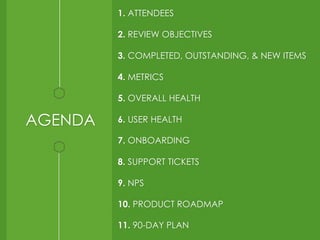 AGENDA 
1. ATTENDEES 
2. REVIEW OBJECTIVES 
3. COMPLETED, OUTSTANDING, & NEW ITEMS 
4. METRICS 
5. OVERALL HEALTH 
6. USER HEALTH 
7. ONBOARDING 
8. SUPPORT TICKETS 
9. NPS 
10. PRODUCT ROADMAP 
11. 90-DAY PLAN 
 