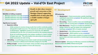 Q4 2022 Update – Val-d’Or East Project
4
Development
PFS advancing
Ø Metallurgical – Tests (comminution, gravity, leaching,
solid/liquid separation) completed. No significant variance
vs. PEA assumptions.
Ø Ore sorting – Tests to confirm mass and metallurgical
balance with ore sorting plant completed. Assays pending.
Ø Rock Mechanics – Program to enable the definition of
design criteria for open pit slopes and underground
workings completed. 50% of results received.
Ø Geotechnical – Fall drilling program completed.
Ø Environmental – 2022 baseline survey completed.
Ø ESG Program – Favourable reception to project by local
government and trade associations. Continuing to engage
with FN.
Resource Update – All assays for Monique received and Monique
Resource Estimate (MRE) initiated during Q4.
Permitting – Initial Project Description document being drafted.
Exploration
165,000m of drilling completed
Ø Monique expansion and infill completed.
Ø Pascalis expansion and infill completed.
Ø Courvan expansion and infill completed.
Significance to project
Ø Expansion drilling
1) We continue to receive strong results that confirm continuity, grade
and growth of gold resources. The deposits are still open for expansion
in all directions. Highlights include up to 1.5 g/t Au over 60metre,
including 32.1 g/t Au over 2.3 metres proximal to the existing resource.
2) we are confirming growth of pit shapes resulting in a fewer number
of larger open pits. This will simplify mine planning and also provide
better economics for bulk mining.
Ø Infill drilling – is confirming previous block model and demonstrates good
resource conversion to Measured & Indicated category for the PFS.
Ø Drilling at depth– remains to be tested, which provides strong opportunity to
extend mine life through addition of more UG resources.
Results to date show resource
growth and conversion of the
Monique Deposit supporting
simplification of mine plan into
a smaller number of larger
open pits
 