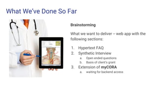 What We’ve Done So Far
Brainstorming
What we want to deliver -- web app with the
following sections:
1. Hypertext FAQ
2. Synthetic Interview
a. Open ended questions
b. Basis of client’s grant
3. Extension of myCORA
a. waiting for backend access
 