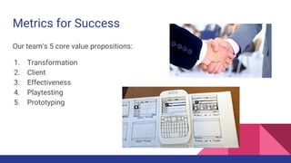 Metrics for Success
Our team’s 5 core value propositions:
1. Transformation
2. Client
3. Effectiveness
4. Playtesting
5. Prototyping
 