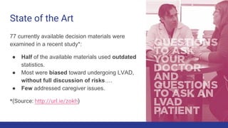 State of the Art
77 currently available decision materials were
examined in a recent study*:
● Half of the available materials used outdated
statistics.
● Most were biased toward undergoing LVAD,
without full discussion of risks….
● Few addressed caregiver issues.
*(Source: http://url.ie/zokh)
 