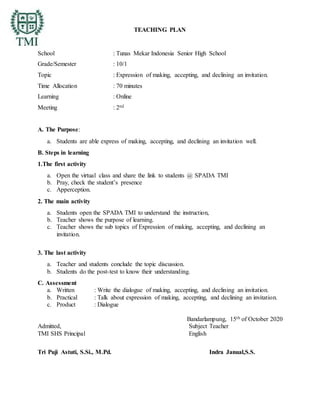 TEACHING PLAN
School : Tunas Mekar Indonesia Senior High School
Grade/Semester : 10/1
Topic : Expression of making, accepting, and declining an invitation.
Time Allocation : 70 minutes
Learning : Online
Meeting : 2nd
A. The Purpose:
a. Students are able express of making, accepting, and declining an invitation well.
B. Steps in learning
1.The first activity
a. Open the virtual class and share the link to students @ SPADA TMI
b. Pray, check the student’s presence
c. Apperception.
2. The main activity
a. Students open the SPADA TMI to understand the instruction,
b. Teacher shows the purpose of learning.
c. Teacher shows the sub topics of Expression of making, accepting, and declining an
invitation.
3. The last activity
a. Teacher and students conclude the topic discussion.
b. Students do the post-test to know their understanding.
C. Assessment
a. Written : Write the dialogue of making, accepting, and declining an invitation.
b. Practical : Talk about expression of making, accepting, and declining an invitation.
c. Product : Dialogue
Bandarlampung, 15th of October 2020
Admitted, Subject Teacher
TMI SHS Principal English
Tri Puji Astuti, S.Si., M.Pd. Indra Janual,S.S.
 