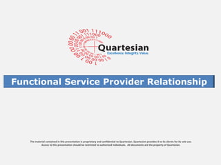 The material contained in this presentation is proprietary and confidential to Quartesian. Quartesian provides it to its clients for its sole use.
Access to this presentation should be restricted to authorized individuals. All documents are the property of Quartesian.
Functional Service Provider Relationship
 