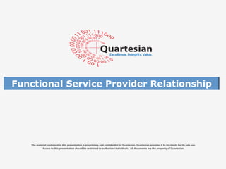The	
  material	
  contained	
  in	
  this	
  presenta1on	
  is	
  proprietary	
  and	
  conﬁden1al	
  to	
  Quartesian.	
  Quartesian	
  provides	
  it	
  to	
  its	
  clients	
  for	
  its	
  sole	
  use.	
  	
  	
  
Access	
  to	
  this	
  presenta1on	
  should	
  be	
  restricted	
  to	
  authorized	
  individuals.	
  	
  All	
  documents	
  are	
  the	
  property	
  of	
  Quartesian.	
  
Functional Service Provider Relationship
 