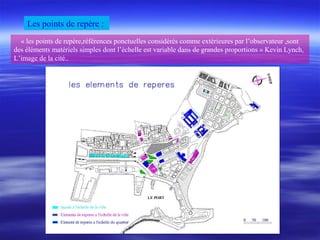 « les points de repère,références ponctuelles considérés comme extérieures par l’observateur ,sont
des éléments matériels simples dont l’échelle est variable dans de grandes proportions » Kevin Lynch,
L’image de la cité..
Les points de repère :
 
