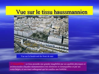 Vue sur le tissu haussmannienVue sur le tissu haussmannien
L’imagibilité : ce tissu possède une grande imagibilité par ses qualités physiques et
architecturales (façades monumentales) très distinctes et remarquables et par ses
voies larges, et son tracé orthogonal qui lui confère une lisibilité .
Vue sur le boulevard du front de mer
 