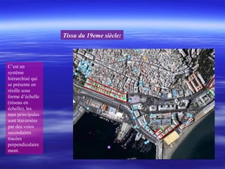C’est un
système
hiérarchisé qui
se présente en
résille sous
forme d’échelle
(réseau en
échelle), les
rues principales
sont traversées
par des voies
secondaires
tracées
perpendiculaire
ment.
Tissu du 19eme siècle:
 