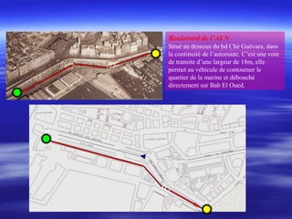 Boulevard de l’ALN
Situé au dessous du bd Ché Guévara, dans
la continuité de l’autoroute. C’est une voie
de transite d’une largeur de 18m, elle
permet au véhicule de contourner le
quartier de la marine et débouché
directement sur Bab El Oued.
 