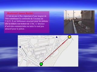 Boulevard Amara Rachid :
C’est un axe à flux important d’une largeur de
16m constituant la continuité de l’avenue de
l’ALN .Il est faiblement structuré pour les piétons
elle se réduit a un trottoir de 1.5m . L’absence
d’activités commerciales ou autre le rend peu
attractif pour le piéton .
 