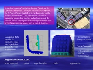 Rapport du bâti avec la rue:
rue ou boulevard galerie cage d’escalier palier appartement
Couronnement
:l’étage en attique
Corps:résidentiel
soubassement à
arcades
commerciales
Immeuble a usage d’habitation,formant l’angle sur la
Darse de l’Amirauté. Limité par les rues : de la Marine,
Bd A Pierre (Amara Rachid) et la rue Lemercier qui lui
assure l’accessibilité. C’est un bâtiment de R+3.il
s’organise autour d’un escalier -éclairé par un puit de
lumière.Il offre une organisation des espaces nobles vers
la rue, les espaces de service vers le puit de lumière.
Occupation de la
parcelle :le
bâtiment occupe
tout le périmètre
d’un îlot , « îlot
d’habitation »
 