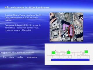 Étude d’exemple: la cité des fonctionnaire
Situation: Situé a l’angle entre la rue Bab El
Oued, 1er Novembre et la rue des frères
Lakhdari
Occupation de la parcelle:Le bâti occupe la
périmètre de l’îlot suivant les trois voies,
ceinturant un espace libre public.
Rapport bâti rue:la hiérarchie est réduite :
Rue galerie escalier appartement
 