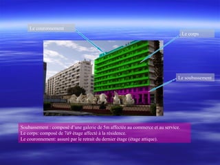 Soubassement : composé d’une galerie de 5m affectée au commerce et au service.
Le corps: composé de 7à9 étage affecté à la résidence.
Le couronnement: assuré par le retrait du dernier étage (étage attique).
Le couronnement
Le corps
Le soubassement
 