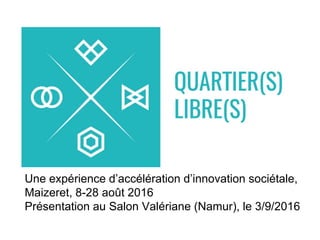 Une expérience d’accélération d’innovation sociétale,
Maizeret, 8-28 août 2016
Présentation au Salon Valériane (Namur), le 3/9/2016
 
