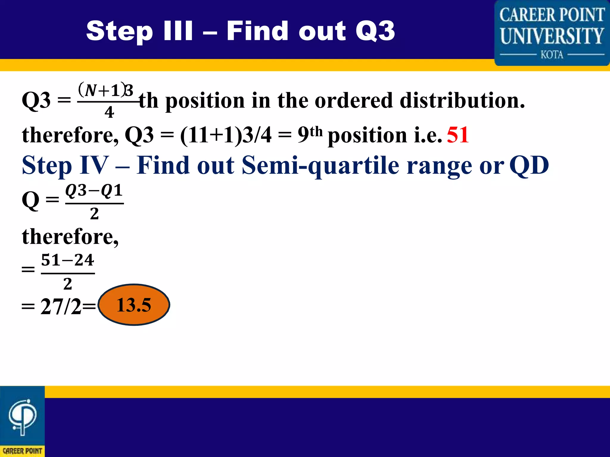 Step III – Find out Q3
Q3 = 𝑵+𝟏 𝟑
th position in the ordered distribution.𝟒
therefore, Q3 = (11+1)3/4 = 9th position i.e. 51
Step IV – Find out Semi-quartile range or QD
Q = 𝑸𝟑−𝑸𝟏
𝟐
therefore,
= 𝟓𝟏−𝟐𝟒
𝟐
= 27/2= 13.5
 