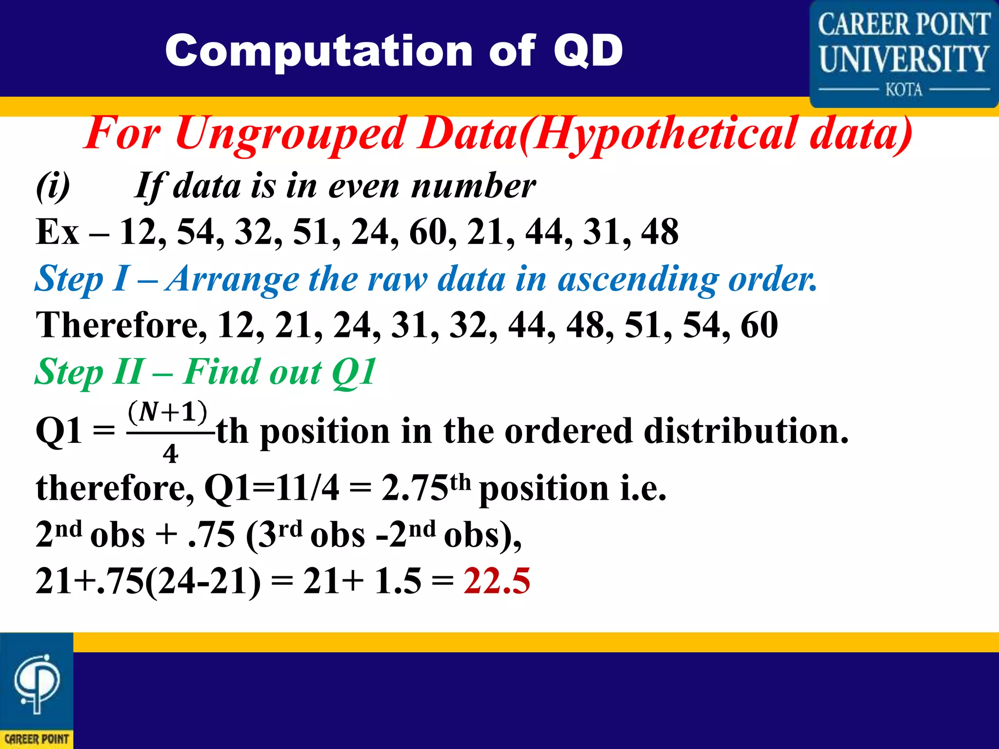 Computation of QD
For Ungrouped Data(Hypothetical data)
(i) If data is in even number
Ex – 12, 54, 32, 51, 24, 60, 21, 44, 31, 48
Step I – Arrange the raw data in ascending order.
Therefore, 12, 21, 24, 31, 32, 44, 48, 51, 54, 60
Step II – Find out Q1
Q1 =
𝑵+𝟏
𝟒
th position in the ordered distribution.
therefore, Q1=11/4 = 2.75th position i.e.
2nd obs + .75 (3rd obs -2nd obs),
21+.75(24-21) = 21+ 1.5 = 22.5
 