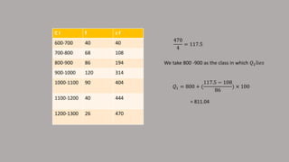 C I f c f
600-700 40 40
700-800 68 108
800-900 86 194
900-1000 120 314
1000-1100 90 404
1100-1200 40 444
1200-1300 26 470
470
4
= 117.5
We take 800 -900 as the class in which 𝑄1 𝑙𝑖𝑒𝑠
𝑄1 = 800 + (
117.5 − 108
86
) × 100
= 811.04
 