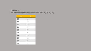 Question 2
For the following frequency distribution , find 𝑄1, 𝑄3, 𝐷6, 𝑃45
𝒙𝒊 𝒇𝒊
18 15
19 18
20 25
21 27
22 40
23 25
24 19
25 16
26 8
27 7
 