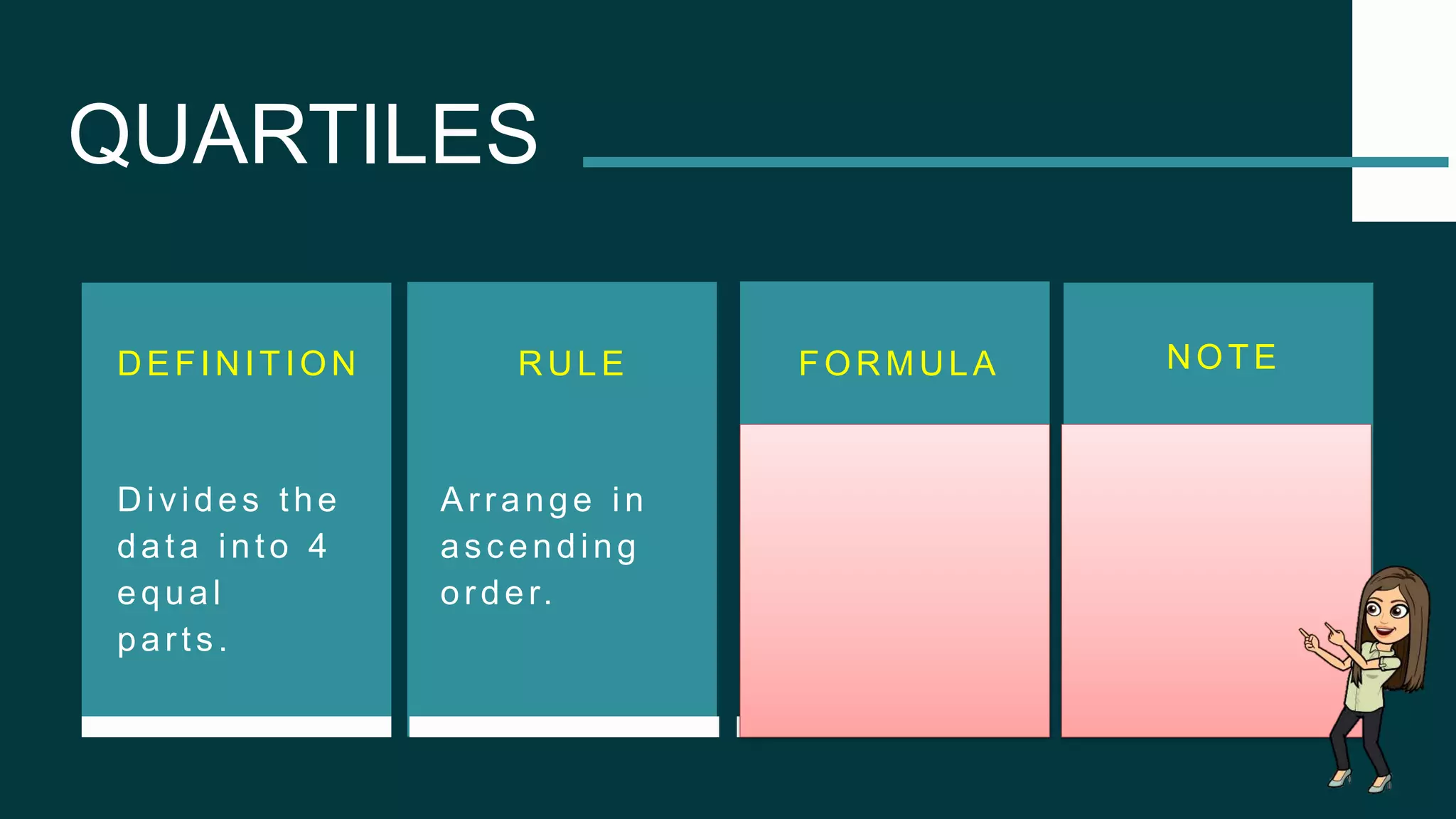 QUARTILES
DEFINITION FORMULA
RULE
Divides the
data into 4
equal
parts.
𝐐𝐤 =
𝐤
𝟒
𝐧 + 𝟏
where k=1,2,or 3
Arrange in
ascending
order.
NOTE
T h e r e s u l t i n g
v a l u e w i l l
g i v e u s t h e
p o s i t i o n t h a t
w e n e e d .
 