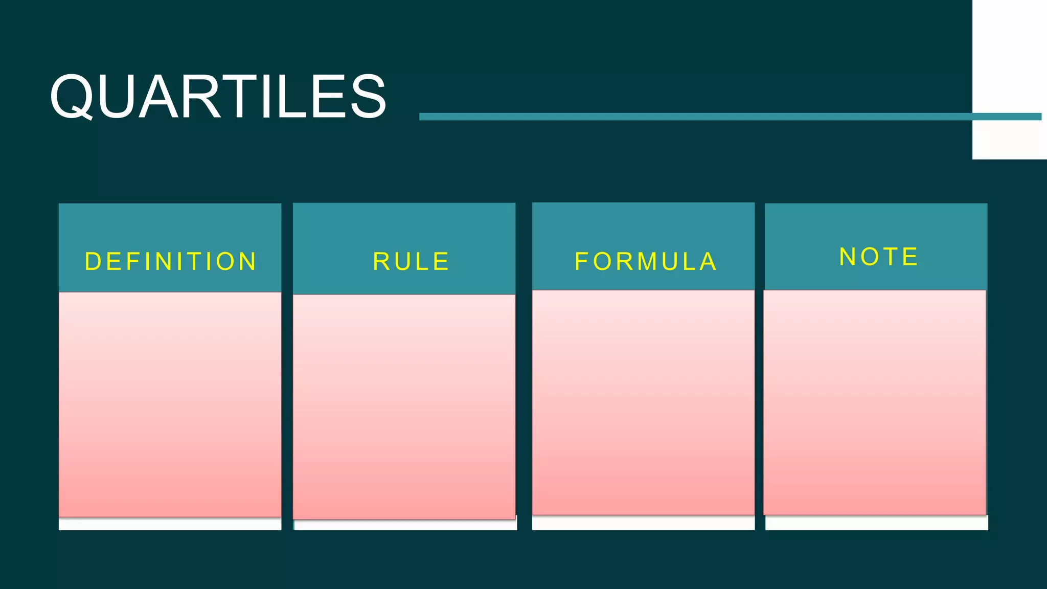 D i v i d e t h e
d i s t r i b u t i o n
i n t o 4 e q u a l
p a r t s .
QUARTILES
DEFINITION FORMULA
RULE
𝐐𝐤 =
𝐤
𝟒
(𝐧 + 𝟏)
Arrange in
ascending
order.
NOTE
After solving
for 𝐐𝐤,
determine
the term
needed.
 
