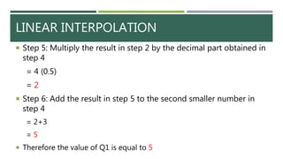 LINEAR INTERPOLATION
 Step 5: Multiply the result in step 2 by the decimal part obtained in
step 4
= 4 (0.5)
= 2
 Step 6: Add the result in step 5 to the second smaller number in
step 4
= 2+3
= 5
 Therefore the value of Q1 is equal to 5
 