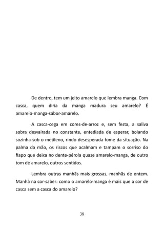 De dentro, tem um jeito amarelo que lembra manga. Com 
casca, quem diria da manga madura seu amarelo? É 
amarelo-manga-sabor-amarelo. 
A casca-cega em cores-de-arroz e, sem festa, a saliva 
sobra desvairada no constante, entediada de esperar, boiando 
sozinha sob o metileno, rindo desesperada-fome da situação. Na 
palma da mão, os riscos que acalmam e tampam o sorriso do 
fiapo que deixa no dente-pérola quase amarelo-manga, de outro 
tom de amarelo, outros sentidos. 
Lembra outras manhãs mais grossas, manhãs de ontem. 
Manhã na cor-saber: como o amarelo-manga é mais que a cor de 
casca sem a casca do amarelo? 
38 
 
