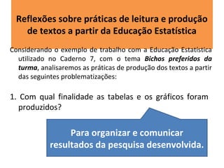 Reflexões sobre práticas de leitura e produção 
de textos a partir da Educação Estatística 
Considerando o exemplo de trabalho com a Educação Estatística 
utilizado no Caderno 7, com o tema Bichos preferidos da 
turma, analisaremos as práticas de produção dos textos a partir 
das seguintes problematizações: 
1. Com qual finalidade as tabelas e os gráficos foram 
produzidos? 
Para organizar e comunicar 
resultados da pesquisa desenvolvida. 
 