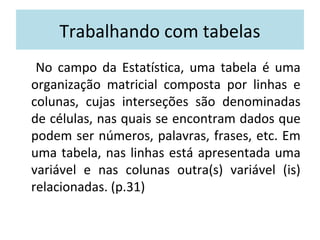 Trabalhando com tabelas 
No campo da Estatística, uma tabela é uma 
organização matricial composta por linhas e 
colunas, cujas interseções são denominadas 
de células, nas quais se encontram dados que 
podem ser números, palavras, frases, etc. Em 
uma tabela, nas linhas está apresentada uma 
variável e nas colunas outra(s) variável (is) 
relacionadas. (p.31) 
 