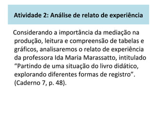 Atividade 2: Análise de relato de experiência 
Considerando a importância da mediação na 
produção, leitura e compreensão de tabelas e 
gráficos, analisaremos o relato de experiência 
da professora Ida Maria Marassatto, intitulado 
“Partindo de uma situação do livro didático, 
explorando diferentes formas de registro”. 
(Caderno 7, p. 48). 
 