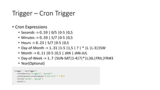 Trigger – Cron Trigger
• Cron Expressions
• Seconds -> 0..59 | 0/5 |0-5 |0,5
• Minutes -> 0..59 | 5/7 |0-5 |0,5
• Hours -> 0..23 | 5/7 |0-5 |0,5
• Day-of-Month -> 1..31 |1-5 |1,5 | ? | * |L |L-3|15W
• Month -> 0..11 |0-5 |0,5 | JAN | JAN-JUL
• Day-of-Week -> 1..7 |SUN-SAT|1-4|?|*|L|6L|FRIL|FRI#3
• Year(Optional)
 