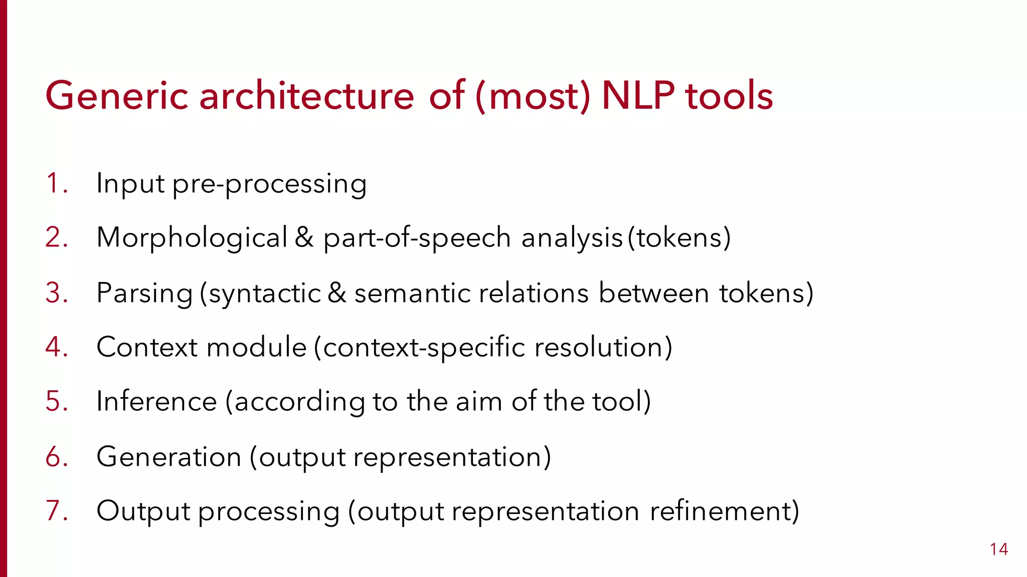 Generic architecture of (most) NLP tools
1. Input pre-processing
2. Morphological & part-of-speech analysis (tokens)
3. Parsing (syntactic & semantic relations between tokens)
4. Context module (context-specific resolution)
5. Inference (according to the aim of the tool)
6. Generation (output representation)
7. Output processing (output representation refinement)
14
 