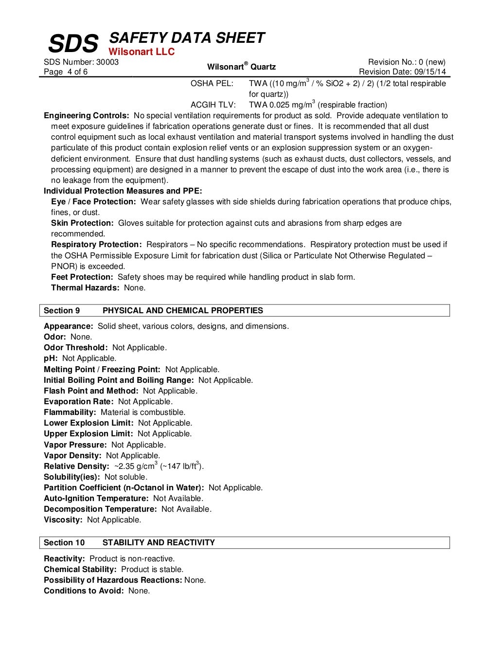 Quartz Safety Data Sheet