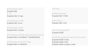 # Developing a SPA
$ quasar dev
# ...or
$ quasar dev -m spa
# Developing for SSR
$ quasar dev -m ssr
# Developing a PWA
$ quasar dev -m pwa
# Developing a Mobile App (through Cordova)
$ quasar dev -m cordova -T [android|ios]
# Developing an Electron App
$ quasar dev -m electron
# build for production
$ quasar build
# build for production with specific theme
$ quasar build -t mat
$ quasar build -t ios
$ quasar build -m pwa -t mat
Theming...
# Material Design
$ quasar dev -t mat
# iOS theme
$ quasar dev -t ios
 