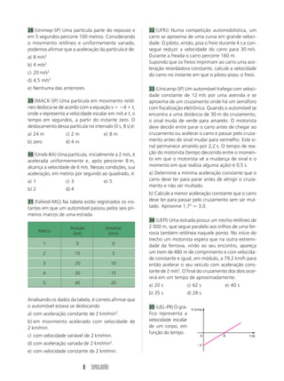 28 (Unimep-SP) Uma partícula parte do repouso e 
em 5 segundos percorre 100 metros. Considerando 
o movimento retilíneo e uniformemente variado, 
podemos afirmar que a aceleração da partícula é de: 
a) 8 m/s2 
b) 4 m/s2 
c) 20 m/s2 
d) 4,5 m/s2 
e) Nenhuma das anteriores 
29 (MACK-SP) Uma partícula em movimento retilí-neo 
desloca-se de acordo com a equação v  4  t, 
onde v representa a velocidade escalar em m/s e t, o 
tempo em segundos, a partir do instante zero. O 
deslocamento dessa partícula no intervalo (0 s, 8 s) é: 
a) 24 m c) 2 m e) 8 m 
b) zero d) 4 m 
30 (Uneb-BA) Uma partícula, inicialmente a 2 m/s, é 
acelerada uniformemente e, após percorrer 8 m, 
alcança a velocidade de 6 m/s. Nessas condições, sua 
aceleração, em metros por segundo ao quadrado, é: 
a) 1 c) 3 e) 5 
b) 2 d) 4 
31 (Fafeod-MG) Na tabela estão registrados os ins-tantes 
em que um automóvel passou pelos seis pri-meiros 
marcos de uma estrada. 
Analisando os dados da tabela, é correto afirmar que 
o automóvel estava se deslocando 
a) com aceleração constante de 2 km/min2. 
b) em movimento acelerado com velocidade de 
2 km/min. 
c) com velocidade variável de 2 km/min. 
d) com aceleração variada de 2 km/min2. 
e) com velocidade constante de 2 km/min. 
8 SIMULADÃO 
32 (UFRJ) Numa competição automobilística, um 
carro se aproxima de uma curva em grande veloci-dade. 
O piloto, então, pisa o freio durante 4 s e con-segue 
reduzir a velocidade do carro para 30 m/s. 
Durante a freada o carro percorre 160 m. 
Supondo que os freios imprimam ao carro uma ace-leração 
retardadora constante, calcule a velocidade 
do carro no instante em que o piloto pisou o freio. 
33 (Unicamp-SP) Um automóvel trafega com veloci-dade 
constante de 12 m/s por uma avenida e se 
aproxima de um cruzamento onde há um semáforo 
com fiscalização eletrônica. Quando o automóvel se 
encontra a uma distância de 30 m do cruzamento, 
o sinal muda de verde para amarelo. O motorista 
deve decidir entre parar o carro antes de chegar ao 
cruzamento ou acelerar o carro e passar pelo cruza-mento 
antes do sinal mudar para vermelho. Este si-nal 
permanece amarelo por 2,2 s. O tempo de rea-ção 
do motorista (tempo decorrido entre o momen-to 
em que o motorista vê a mudança de sinal e o 
momento em que realiza alguma ação) é 0,5 s. 
a) Determine a mínima aceleração constante que o 
carro deve ter para parar antes de atingir o cruza-mento 
e não ser multado. 
b) Calcule a menor aceleração constante que o carro 
deve ter para passar pelo cruzamento sem ser mul-tado. 
Aproxime 1,72  3,0. 
34 (UEPI) Uma estrada possui um trecho retilíneo de 
2 000 m, que segue paralelo aos trilhos de uma fer-rovia 
também retilínea naquele ponto. No início do 
trecho um motorista espera que na outra extremi-dade 
da ferrovia, vindo ao seu encontro, apareça 
um trem de 480 m de comprimento e com velocida-de 
constante e igual, em módulo, a 79,2 km/h para 
então acelerar o seu veículo com aceleração cons-tante 
de 2 m/s2. O final do cruzamento dos dois ocor-rerá 
em um tempo de aproximadamente: 
a) 20 s c) 62 s e) 40 s 
b) 35 s d) 28 s 
35 (UEL-PR) O grá-fico 
representa a 
velocidade escalar 
de um corpo, em 
função do tempo. 
V (m/s) 
0 8 t (s) 
4 
Marco 
Posição Instante 
(km) (min) 
1 0 0 
2 10 5 
3 20 10 
4 30 15 
5 40 20 
 