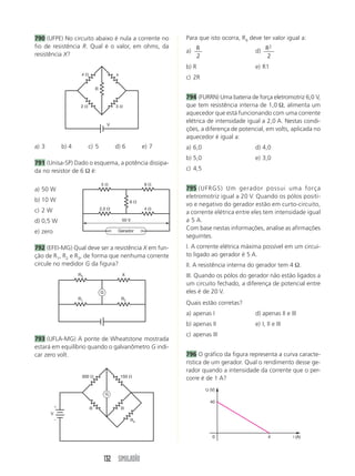 668 (Unip-SP) Considere uma partícula eletrizada com 
uma carga Q fixa em um ponto A. 
M N 
110 SIMULADÃO 
671 (Uneb-BA) Duas cargas pontuais, qA  5 C e 
qB  2 C, estão distantes 20 cm uma da outra. O 
potencial eletrostático, em kV, no ponto médio en-tre 
as cargas é: 
a) 630 d) 360 
b) 580 e) 270 
c) 450 
672 (MACK-SP) No vácuo, as cargas Q e Q são 
colocadas nos pontos B e C da figura. 
Sendo k0 a constante ele-trostática 
do vácuo, pode-mos 
afirmar que o potencial 
elétrico no ponto A, em re-lação 
ao infinito, é dado por: 
3 m 
a) 2k0  Q d) k0  
A 4 m 
Q 
8 
b) k0  Q e) k0  
Q 
12 
c) k0  
Q 
2 
Q 
673 (UFPB) O potencial a uma distância de 3 m de 
uma dada carga elétrica é de 40 V. Se em dois vérti-ces 
de um triângulo eqüilátero de 3 m de lado fo-rem 
colocadas duas cargas iguais a esta, qual o po-tencial, 
em volts, gerado por essas cargas no tercei-ro 
vértice? 
674 (Unimep-SP) Quatro partículas eletrizadas estão 
fixas nos vértices de um quadrado. 
As partículas têm as cargas elétricas indicadas nas 
figuras. 
Assinale a opção em que o potencial elétrico e o 
vetor campo elétrico, no centro C do quadrado, são 
ambos nulos. 
a) d) 
b) e) 
c) 
A B 
(Q) 
d d 
C 
Sabe-se que o potencial elétrico em B vale 20 V 
e o vetor campo elétrico em C tem módulo igual 
a 20 N/C. O potencial elétrico em C (VC) e o 
módulo do vetor campo elétrico em B (EB) serão 
dados por: 
a) VC  10 V e EB  40 N/C 
b) VC  10 V e EB  80 N/C 
c) VC  40 V e EB  10 N/C 
d) VC  20 V e EB  20 N/C 
e) VC  40 V e EB  80 N/C 
669 (Unitau-SP) Num dado ponto P, a uma certa 
distância de uma carga elétrica, puntiforme, o 
módulo do campo elétrico é igual a 500 N/C e o 
potencial vale 3,0  103 V. Sendo a constante da 
lei de Coulomb, k0  9  109 N  m2/C2, a distância 
do ponto à carga e o valor da carga elétrica valem, 
respectivamente: 
a) 6,0 m e 2,0  106 C 
b) 6,0 m e 2,0  106 C 
c) 3,0 m e 2,0  106 C 
d) 3,0 m e 2,0  106 C 
e) 6,0 m e zero 
670 (UEL-PR) Duas cargas elétricas positivas, Q1 e Q2, 
posicionadas conforme está indicado no esquema, 
geram um campo elétrico na região. Nesse campo 
elétrico, o potencial assume o mesmo valor nos pon-tos 
M e N. 
As informações e o esquema permitem concluir que 
a razão 
Q 
Q 
1 
2 
vale: 
a) 
3 
8 
b) 
1 
2 
c) 
2 
3 
d) 
3 
2 
e) 2 
Q1 Q2 
C 
Q B 
C 
Q 
Q 
Q 
Q 
C 
2Q 
Q 
Q 
2Q 
C 
2Q 
Q 
Q 
2Q 
C 
2Q 
2Q 
Q 
Q 
C 
Q 
Q 
Q 
Q 
 