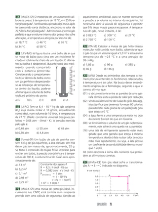 Ao atingirem o equilíbrio térmico, o corpo que rece-beu 
maior quantidade de calor foi o de: 
a) alumínio c) cobre e) latão 
b) chumbo d) ferro 
384 (UFSC) Um bloco de gelo de 200 g está a uma 
temperatura de 10 °C. Ele é colocado num caloríme-tro, 
de capacidade térmica desprezível, contendo 
400 g de água, cuja temperatura é de 12,5 °C. Sa-bendo 
que cágua  1 cal/g °C, cgelo  0,5 cal/g °C, 
Lf  80 cal/g, calcule a massa do gelo, em gramas, que 
é fundido até o sistema atingir o equilíbrio térmico. 
385 (MACK-SP) Numa garrafa térmica ideal que con-tém 
500 cm3 de café a 90 °C, acrescentamos 
200 cm3 de café a 20 °C. Admitindo-se que só haja 
trocas de calor entre as massa de café, a temperatu-ra 
final dessa mistura será: 
a) 80 °C c) 70 °C e) 60 °C 
b) 75 °C d) 65 °C 
386 (UFPI) Um cozinheiro coloca um litro de água 
gelada (à temperatura de 0 °C) em uma panela que 
contém água à temperatura de 80 °C. A temperatu-ra 
final da mistura é 60 °C. A quantidade de água 
quente que havia na panela, não levando em conta a 
troca de calor da panela com a água, era, em litros: 
a)2 b)3 c)4 d)5 e)6 
(FEI-SP) O enunciado a seguir refere-se às questões 
73 e 74. 
Uma cafeteira de café expresso funciona com uma 
resistência elétrica que fornece 10 000 cal/min. Para 
se obter um café com leite são necessários 50 m 
de água a 100 °C para o café e 40 g de vapor de 
água a 100 °C para aquecer o leite. Considerar a 
temperatura inicial da água 20 °C e desprezar as 
perdas de calor na cafeteira. 
Dados: cH2O  1 cal/g °C e Lvap  540 cal/g. 
66 SIMULADÃO 
387 Quanto tempo é necessário para se obter so-mente 
café? 
a) 60 s b) 48 s c) 30 s d) 24 s e) 15 s 
388 Qual é a quantidade de calor necessária para 
produzir o vapor que aquece o leite? 
a) 21 600 cal d) 19 200 cal 
b) 24 800 cal e) 4 800 cal 
c) 3 600 cal 
389(USC-RS) Num calorímetro com 200 g de água a 
20 °C adicionam-se 50 g de gelo a 0 °C. Os calores 
específicos da água e do gelo são, respectivamente, 
1,0 cal/g °C e 0,5 cal/g °C, e o calor latente de fusão 
do gelo, 80 cal/g. 
Após as trocas de calor, haverá no calorímetro: 
a) uma mistura de água e gelo a 0 °C 
b) uma mistura de água e gelo a 5 °C 
c) apenas água a 0 °C 
d) apenas gelo a 0 °C 
e) uma mistura de água e gelo a 5 °C 
390 (ITA-SP) Numa cavidade de 5 cm3 feita num blo-co 
de gelo, introduz-se uma esfera homogênea de 
cobre de 30 g aquecida a 100 °C, conforme o es-quema. 
Sabendo-se que o calor latente de fusão do 
gelo é de 80 cal/g, que o 
calor específico do cobre é 
de 0,096 cal/g °C e que a 
massa específica do gelo é 
de 0,92 g/cm3, o volume 
total da cavidade é igual a: 
a) 8,9 cm3 c) 39,0 cm3 e) 7,4 cm3 
b) 3,9 cm3 d) 8,5 cm3 
391 (UFRJ) Um calorímetro de capacidade térmica 
desprezível tem uma de suas paredes inclinada como 
mostra a figura. 
Um bloco de gelo, a 0 °C, é abandonado a 
1,68  101 m de altura e desliza até atingir a base 
do calorímetro, quando pára. 
Material 
Massa Calor específico 
(g) (cal/g °C) 
alumínio 20 0,21 
chumbo 200 0,031 
cobre 100 0,091 
ferro 30 0,11 
latão 150 0,092 
água 
gelo 
posição em que 
foi abandonado 
posição em 
que pára 
1,68  101 m 
 
