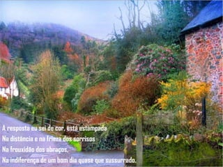 A resposta eu sei de cor, está estampada  Na distância e na frieza dos sorrisos Na frouxidão dos abraços,  Na indiferença de um bom dia quase que sussurrado. 