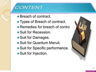 ⚫ Breach of contract.
⚫ Types of Breach of contract.
⚫ Remedies for breach of contract.
⚫ Suit for Recession.
⚫ Suit for Damages.
⚫ Suit for Quantum Meruit.
⚫ Suit for Specific performance.
⚫ Suit for Injection.
14
 