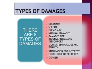 • ORDINARY
• SPECIAL
• EXEMPLARY
• NOMINAL DAMAGES
• DAMAGES FOR
INCONVENIENCE AND
DISCOMFORT
• LIQUIDATED DAMAGES AND
PENALTY
• STIPULATION FOR INTEREST
• FORFEITURE OF SECURITY
 DEPOSIT
THERE
ARE 8
TYPES OF
DAMAGES
25
 