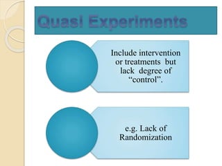 Include intervention 
or treatments but 
lack degree of 
“control”. 
e.g. Lack of 
Randomization 
 