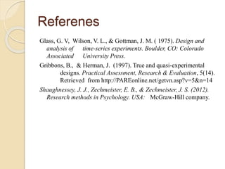 Referenes 
Glass, G. V, Wilson, V. L., & Gottman, J. M. ( 1975). Design and 
analysis of time-series experiments. Boulder, CO: Colorado 
Associated University Press. 
Gribbons, B., & Herman, J. (1997). True and quasi-experimental 
designs. Practical Assessment, Research & Evaluation, 5(14). 
Retrieved from http://PAREonline.net/getvn.asp?v=5&n=14 
Shaughnessey, J. J., Zechmeister, E. B., & Zechmeister, J. S. (2012). 
Research methods in Psychology. USA: McGraw-Hill company. 
