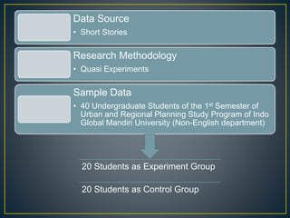 Data Source
• Short Stories
Research Methodology
• Quasi Experiments
Sample Data
• 40 Undergraduate Students of the 1st Semester of
Urban and Regional Planning Study Program of Indo
Global Mandiri University (Non-English department)
20 Students as Experiment Group
20 Students as Control Group
 