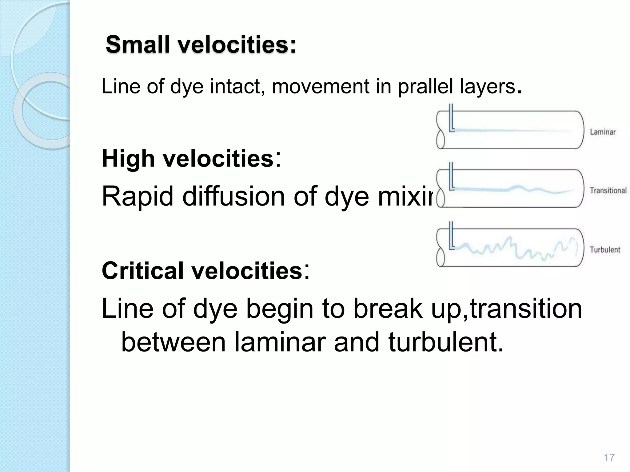 Small velocities:
Line of dye intact, movement in prallel layers.
High velocities:
Rapid diffusion of dye mixing. .
Critical velocities:
Line of dye begin to break up,transition
between laminar and turbulent.
17
 