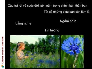 Câu trả lời về cuộc đời luôn nằm trong chính bản thân bạn

                                                      Tất cả những điều bạn cần làm là


                                                                   Ngắm nhìn
                                  Lắng nghe

                                                       Tin tưởng
Chicken soup for the sound
 