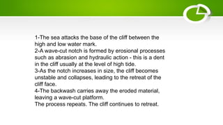 1-The sea attacks the base of the cliff between the
high and low water mark.
2-A wave-cut notch is formed by erosional processes
such as abrasion and hydraulic action - this is a dent
in the cliff usually at the level of high tide.
3-As the notch increases in size, the cliff becomes
unstable and collapses, leading to the retreat of the
cliff face.
4-The backwash carries away the eroded material,
leaving a wave-cut platform.
The process repeats. The cliff continues to retreat.
 