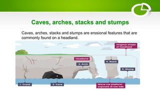 Caves, arches, stacks and stumps
Caves, arches, stacks and stumps are erosional features that are
commonly found on a headland.
 