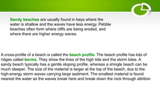 Sandy beaches are usually found in bays where the
water is shallow and the waves have less energy. Pebble
beaches often form where cliffs are being eroded, and
where there are higher energy waves.
A cross-profile of a beach is called the beach profile. The beach profile has lots of
ridges called berms. They show the lines of the high tide and the storm tides. A
sandy beach typically has a gentle sloping profile, whereas a shingle beach can be
much steeper. The size of the material is larger at the top of the beach, due to the
high-energy storm waves carrying large sediment. The smallest material is found
nearest the water as the waves break here and break down the rock through attrition
 