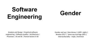 Software
Engineering
Gender
Analysis and Design | Empirical software
engineering | Software quality | Architecture |
Processes | AI and SE | Human factors in SE
Gender and sex | Non-binary | LGBT+ rights |
#metoo 2017 | Same-sex marriage 2001 |
Intersectionality – triply | feminism
 