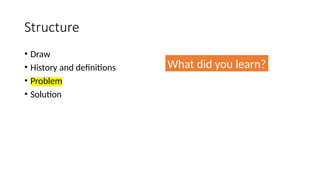 Structure
• Draw
• History and definitions
• Problem
• Solution
What did you learn?
 